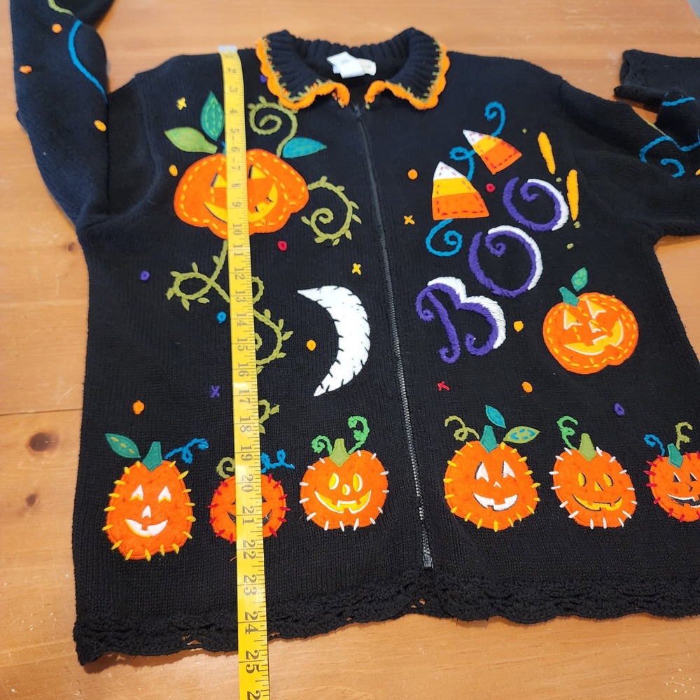 Yarnworks Vintage Halloween Zip Sweater Womens Large Black Orange Purple Boo 90s - Picture 12 of 15